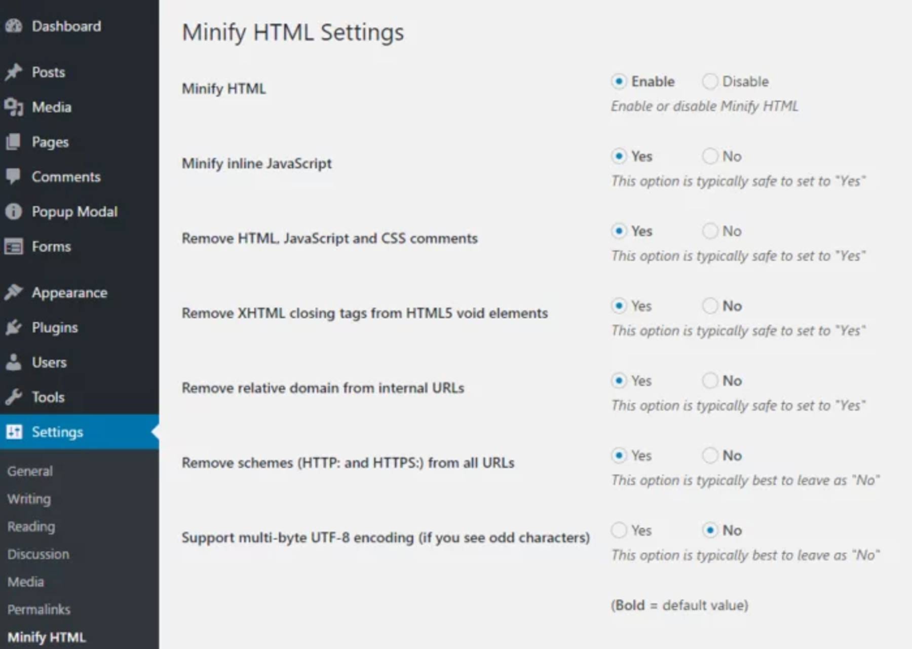 Settings for Minify HTML